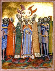 Two bishops and two angels put a crown on the head of a man who is surrounded by a group of people