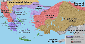 Map of the Balkans and Asia Minor, with the Latin states in yellow, Venetian possessions in green, the Greek states in red, and the Seljuks and Bulgarians in brown