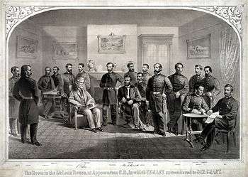 Old American Civil War painting of generals assembled to surrender