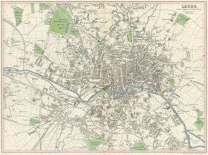 This map shows central Leeds and (clockwise from top left) the developing suburbs of Hyde Park, Woodhouse, Sheepscar, New Leeds, Cross Green, Hunslet, Holbeck, Wortley, Armley and Burley.