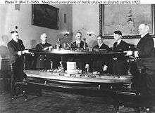 Two men in naval officer uniforms hold the ends of a two-meter model of a battlecruiser above a similarly sized model of a conversion to an aircraft carrier. Four men, mostly in civilian clothes, stand behind the models. The battlecruiser model has two large funnels and eight guns, and the conversion has a huge funnel and a long flight deck.