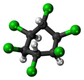 Ball-and-stick model of the lindane molecule (boat conformation)