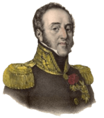 Portrait shows a haughty looking, clean-shaven man with long sideburns and a receding hairline. He wears a dark military uniform with gold epaulettes and a high collar trimmed with gold lace.