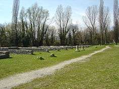 low stone walls to the left of a gravel path