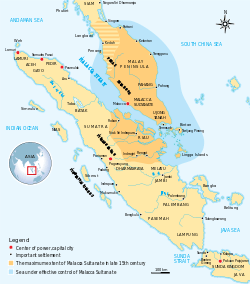 Map showing the extent of the Malacca Sultanate, covering much of the Malay Peninsula and some of Sumatra