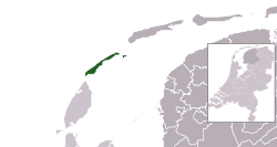 Highlighted position of Vlieland in a municipal map of Friesland