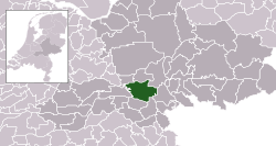 Highlighted position of Overbetuwe in a municipal map of Gelderland