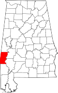 Map of Alabama highlighting Choctaw County