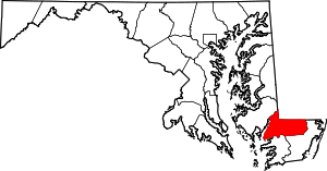 Map of Maryland, showing Wicomico County in red in lower right corner