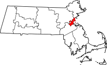 Map of Massachusetts highlighting Suffolk County