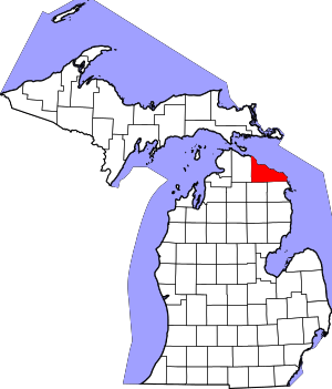 Map of Michigan highlighting Presque Isle County