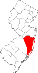 Map of New Jersey highlighting Ocean County