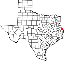 Map of Texas highlighting Sabine County