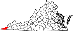 Map of Virginia highlighting Lee County