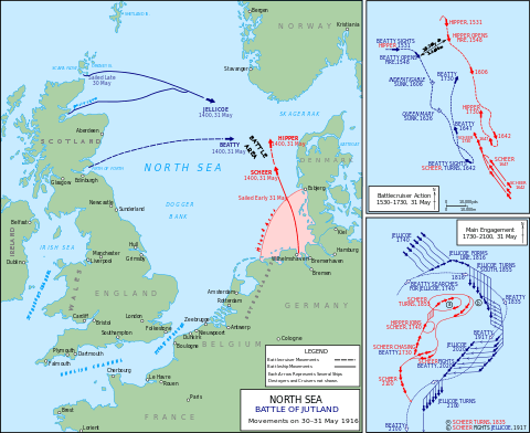 The British fleet sailed from northern Britain to the east while the Germans sailed from Germany in the south; the opposing fleets met off the Danish coast