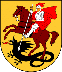 A coat of arms depicting a man in full body armour riding a brown horse that is trampling a black dragon all on a yellow background