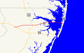 A map of northern Worcester County showing major roads.  Maryland Route 90 runs from US 50 near Whaleyville to the northern part of Ocean City.