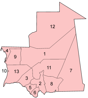 A clickable map of Mauritania exhibiting its twelve regions and one capital district.