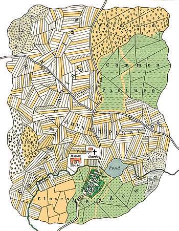 A map in ink and colour wash, showing an archetypal medieval village in the centre with numerous field divided into strips radiating out across the view.