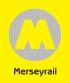 A yellow "M" over a grey circle with "Merseyrail" underneath. The background is yellow.