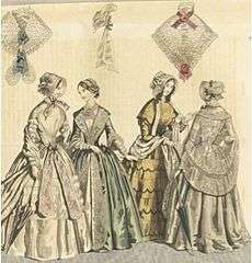 The mid-1840s saw day dresses featuring V-shaped necklines, which were covered by a Chemise for decency. Skirt widths widened due to the horsehair petticoat, and extra flounces were added for emphasis and decoration.Funnel sleeves.