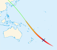 Map of the Pacific Ocean with a trail running from the top left corner to the bottom right corner, with a cross near the end.