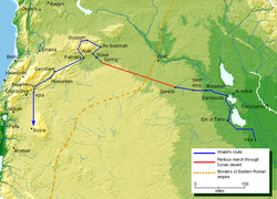 Geographical Map detailing the route of Khalid ibn Walid's invasion of Syria.