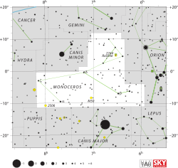 Diagram showing star positions and boundaries of the Monoceros constellation and its surroundings