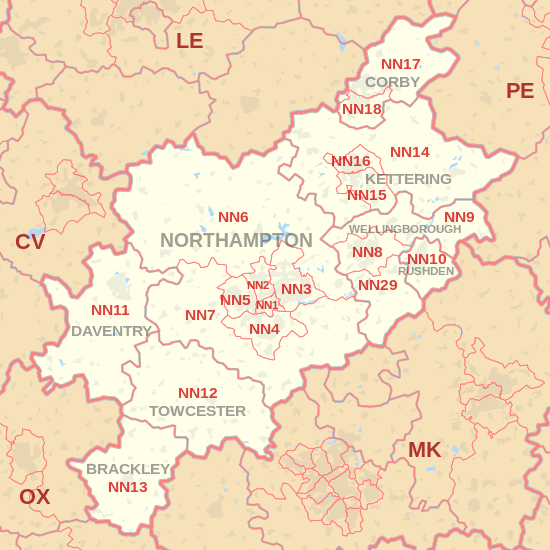 NN postcode area map, showing postcode districts, post towns and neighbouring postcode areas.