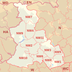 NW postcode area map, showing postcode districts, post towns and neighbouring postcode areas.