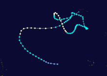 Storm path of Hurricane Nadine. It starts east of Cape Verde and then makes a parabolic track, before meandering and heading in erratic directions. The storm threatened the Azores twice before dissipating near the islands.