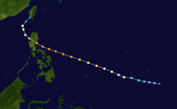 The path of a tropical cyclone as represented by colored dots. The color of each dot denotes its intensity while its position marks the location of the cyclone at six hour intervals.