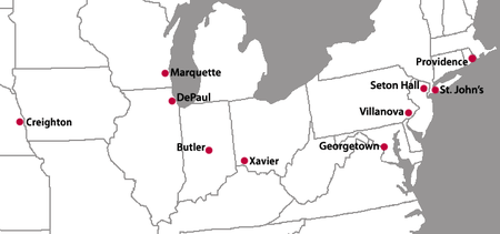 A map of the eastern United States with red location markers for ten cities.