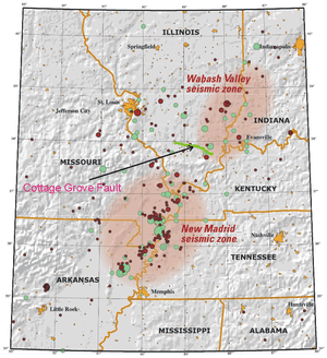 Jutting off the Wabash Valley seismic zone on the Illinois–Indiana border is the Cottage Grove Fault. To the south, on the edge of Missouri, is the New Madrid seismic zone.