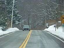 A road in a forested area. The surrounded land is covered with a layer of snow.