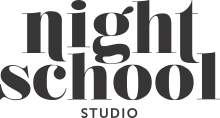 In a old serif fashion, the words "Night School" appear properly, while at the bottom, "Studio" is capitalized in a modern sans serif font.