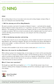 Screenshot of the Ning's email on removing free networks