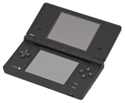 An opened clamshell dual-screen handheld device. A camera is embedded in the internal hinge.