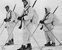 Norwegian Winter War volunteer soldiers in white snow overalls