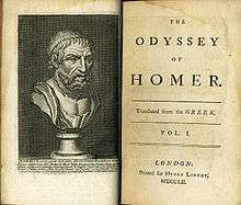  Open ancient book, showing on the left page a bust of a bearded man, on the right the title page giving the following information: "The Odyssey of Homer, transalted from the Greek. Vol. I, London. Printed for Henry Lintot MDCCLII"