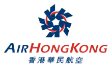 The old Air Hong Kong logo, made up of a navy blue colour pentagon, made up from the five 'A' character formed into a circle. Beneath the logo is the airline's name in both English and Traditional Chinese.