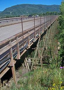 A metallic bridge with wide steelwork supports over a grassy gorge with tree-covered mountains in the background, seen from its right