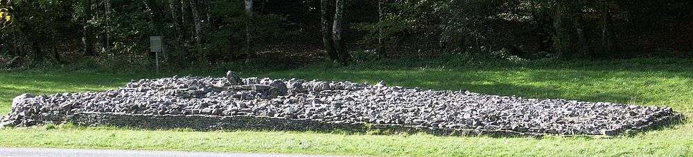 Elongated, elevated view of the cromlech from its side, with the edge of the woods to its rear. The tumulus' trapezium shape is evident, its boulders retained by a short wall, missing at the very front, left, where rubble has tumbled out.