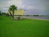 An outside pavilion on the grass