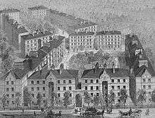 Peabody Square Model Dwellings in Blackfriars Road, in Southwark, London. These buildings, which still exist, are typical of early Peabody Trust developments, and of pre-World War I social housing in London in general.