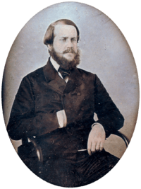 Half-length portrait from a photograph showing the young, bearded Emperor Pedro II in full uniform with sash of office and various medals