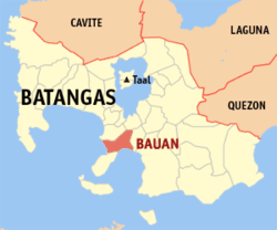 Map of Batangas showing the location of Bauan