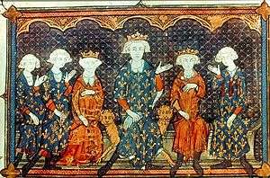 Image of vellum manuscript from 1313 of Isabella, third from left, with her father, Philip IV, her future French king brothers, and Philip's brother, Charles of Valois