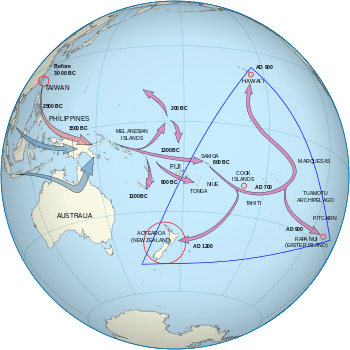 One set of arrows point from Taiwan to Melanesia to Fiji/Samoa and then to the Marquesas Islands. The population then spread, some going south to New Zealand and others going north to Hawai'i. A second set start in southern Asia and end in Melanesia.