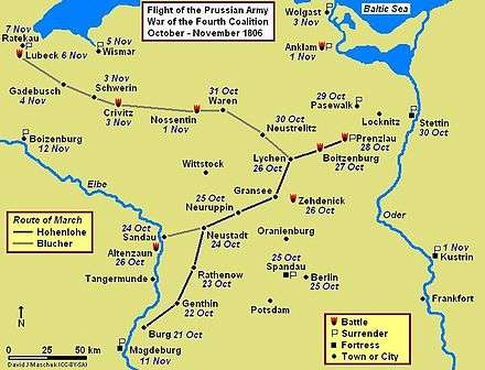 Map of northern Germany showing the 1806 march routes of Hohenlohe and Blücher.